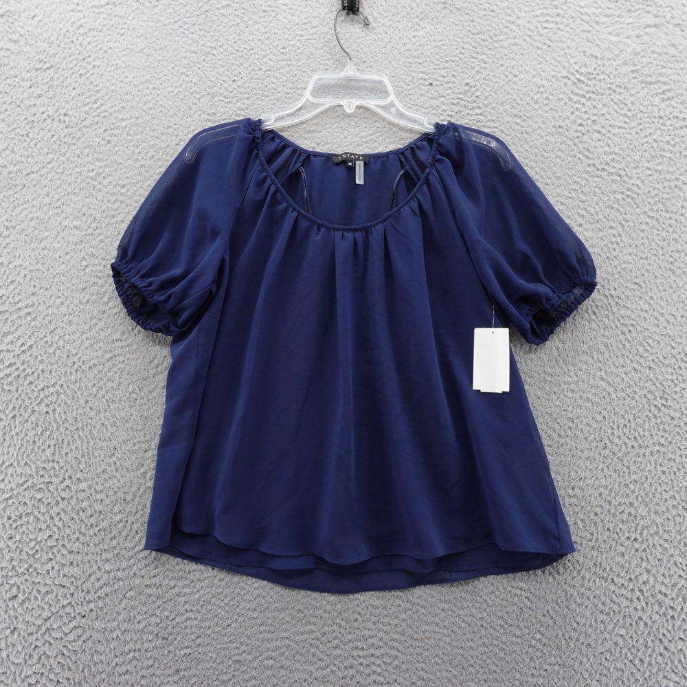 1‎ STATE Womens Navy Blue Short Sleeve Gathered Neck Blouse Top XS NEW
